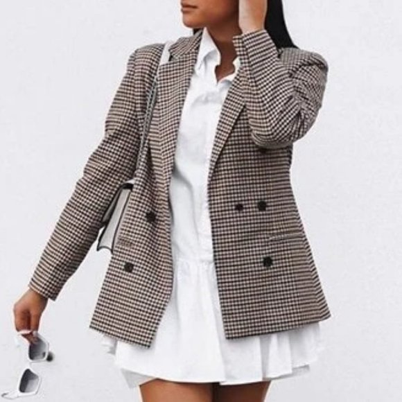 Plaid Print Double Breasted Lapel Collar Blazer work professional Business Chic - Picture 2 of 16